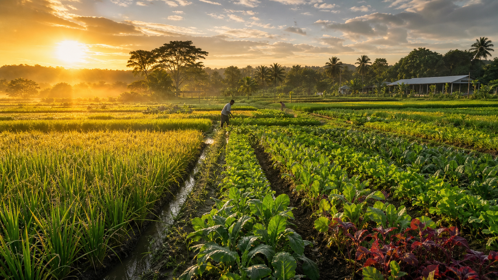 Fruits, vegetables, and rice cultivation fields in Guyana