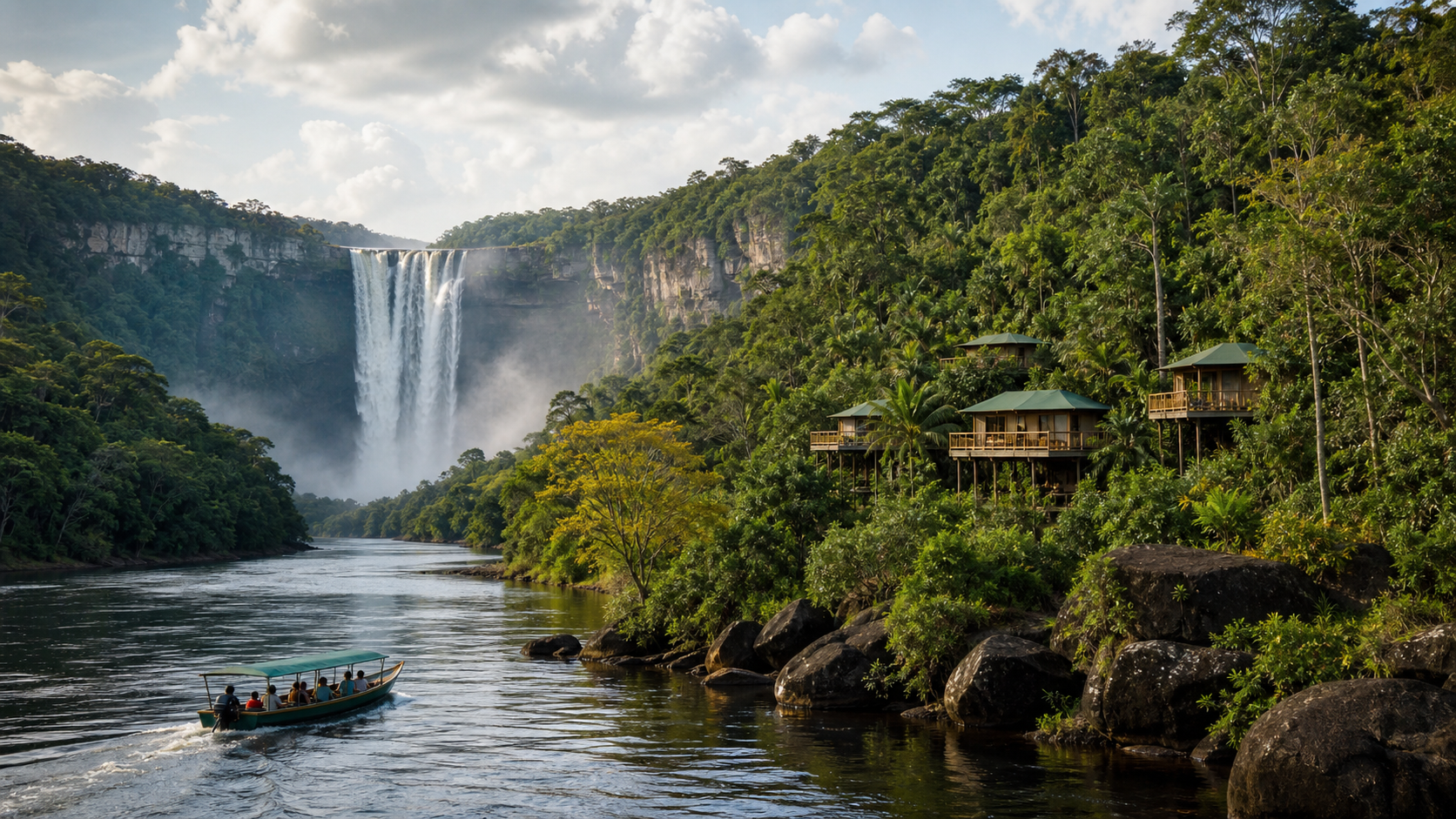 Eco-tourism scene with rainforest river, waterfalls, and lodges in Guyana